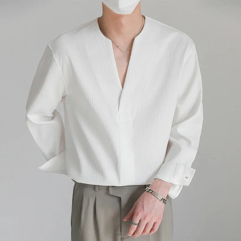 DHgate.com:Solid Color Loose V-Neck Long Sleeve Mens Casual