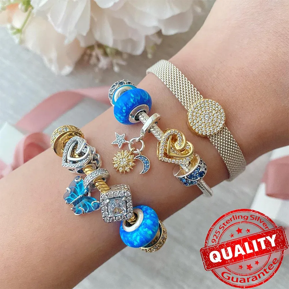 Nuovo ciondolo a forma di medaglione a forma di cuore con galassia in argento sterling 925 bracciale Pan, con ciondoli a forma di farfalla blu collana da donna, gioielli fai da te