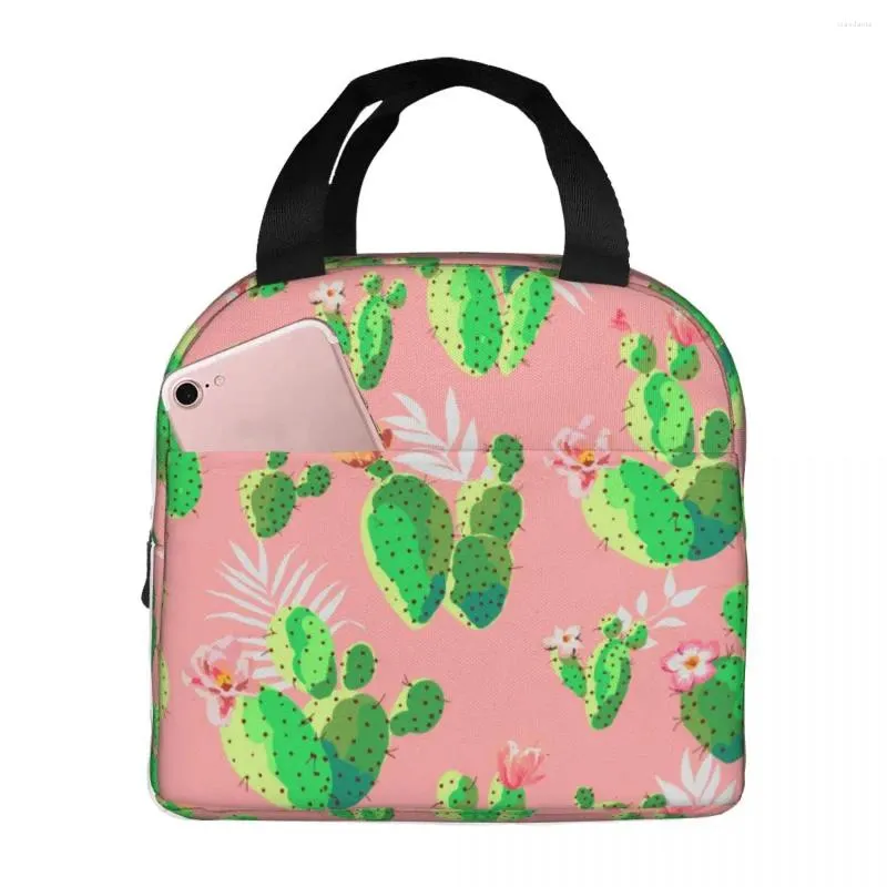 Vaisselle fond rose sac à déjeuner Cactus isolé avec compartiments poignée fourre-tout réutilisable Portable pour enfants école de pique-nique