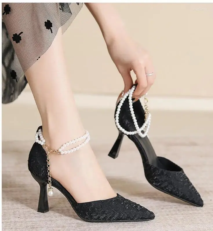 Sapatos de vestido tamanho 30-44 ponto toe oco salto alto cor sólida damasco pérolas tornozelo cinta preta para mulheres