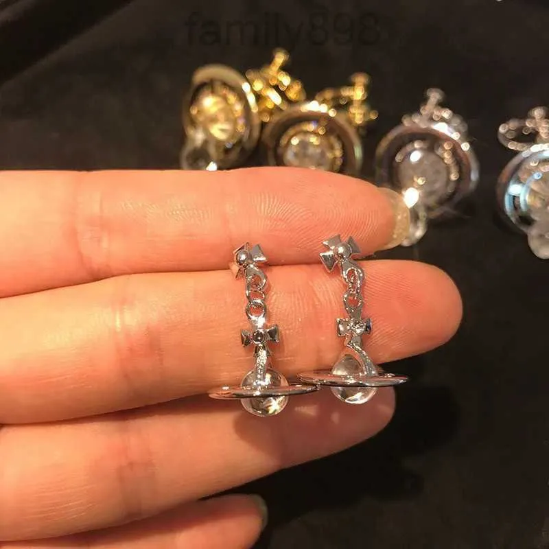 Bolzenohrringe Western Kaiser Witwe Silber Saturn Wassertropfen Langfreuchte Diamantkristallohrstifte Clip Zwei tragen Stil Mode für Frauen Schmuck BQLL