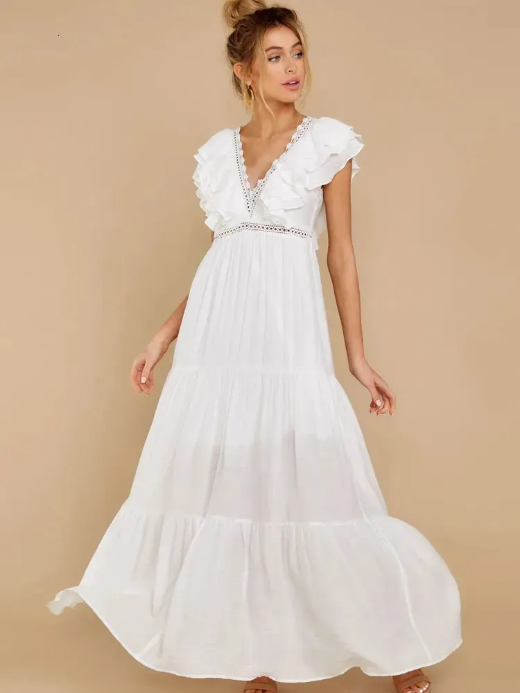 Sexy Deep V-neck Butterfly Sleeve Maxi Dress White High Waist Mid-length A-line Dress Casual Women's Summer Holiday Dress D9 240106
