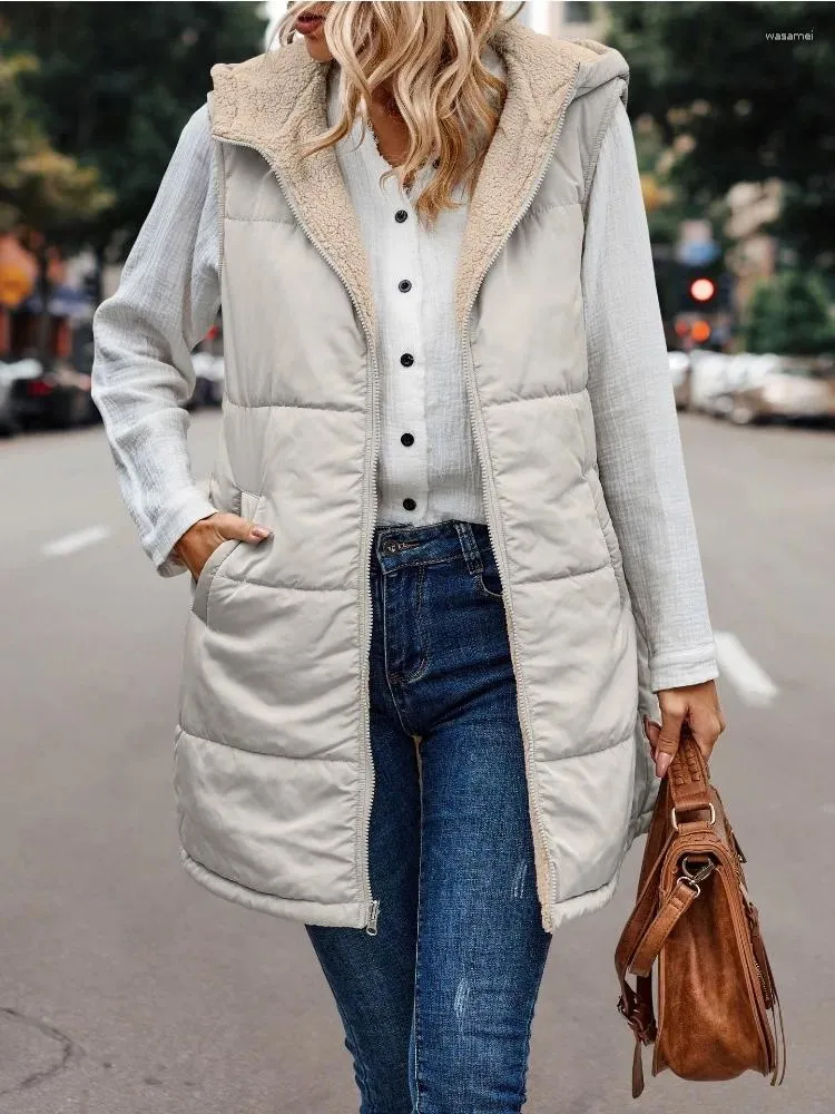 Chalecos de mujer Abrigo de invierno Abrigo con capucha Cremallera sin mangas Chaleco 2 tipos de ropa exterior Bolsillo Chaquetas casuales Elegante abrigo femenino