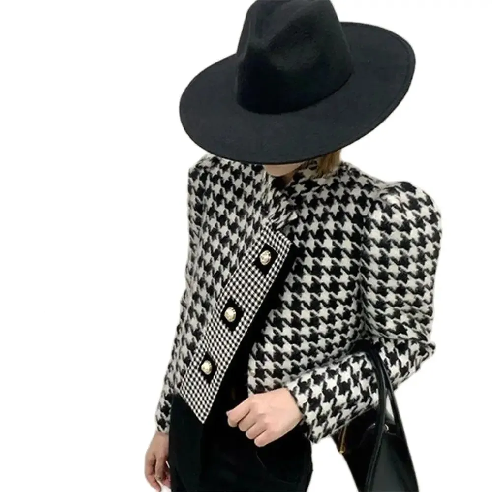 Tweed Thousand Bird Lattice Coat Ladies Elegant 2024 Fall Winter Fashion Leisure Short Woolen Jacket Female Outerwear Tops 240106