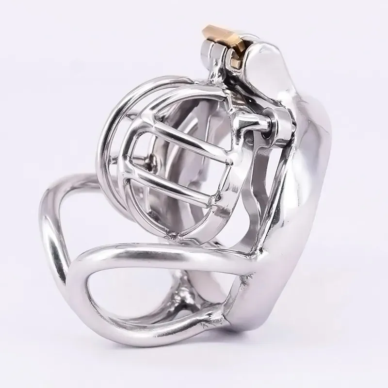 2024 New Chastity Cage Lock with Anti-off Ring Short Stainless Steel Curved Testicle Restraints Male Cockring Devices