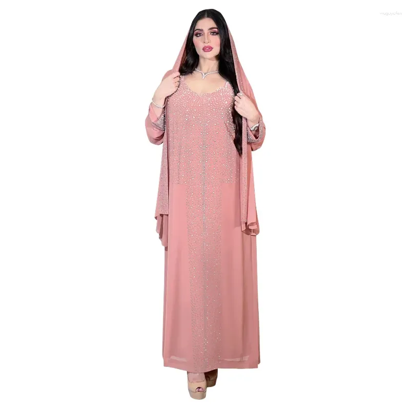 Этническая одежда, мусульманское элегантное вечернее платье с длинными рукавами и v-образным вырезом, синее, розовое, с бриллиантами, модное макси-абая 2024