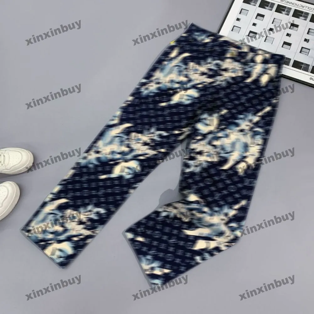 Xinxinbuy 2024男性女性デザイナージーンズパンツ海藻フローラルレター印刷セットカジュアルパンツブラックブルーグレーM-2xl