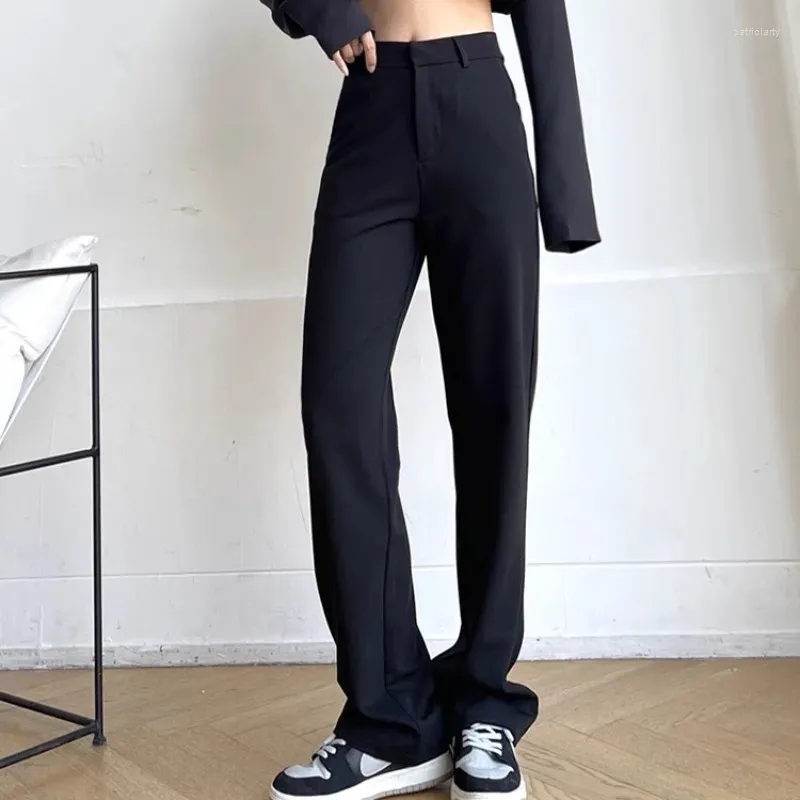 Calças femininas Qweek terno clássico para mulheres preto elegante vintage moda coreana calças retas velho dinheiro escritório senhoras trabalho para vestir