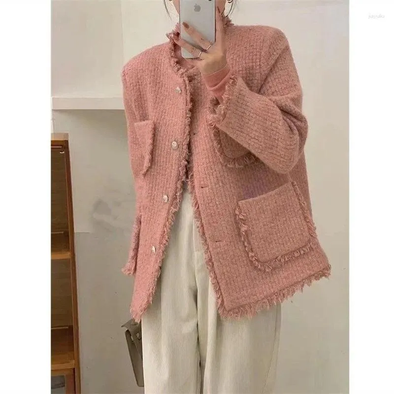 Women's Jackets Women Korean Chic Vintage Tweed OverCoat Female Eleagnt Autumn Single Botton Woolen Jacket Pink Tassel Office Lady Clothes