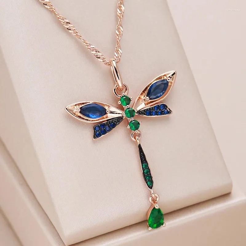 Chains Kinel Blue Natural Zircon Dragonfly Pendant Necklace For Women 585 Rose Gold And Black Plating Vintage Daily Fine Jewelry
