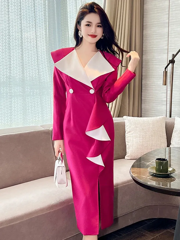 High Quality Fashion Prom Dress Women Chic Professional Rose Red White Contrast Ruffle Slit Robe Business Party Vestidos Spring 240106