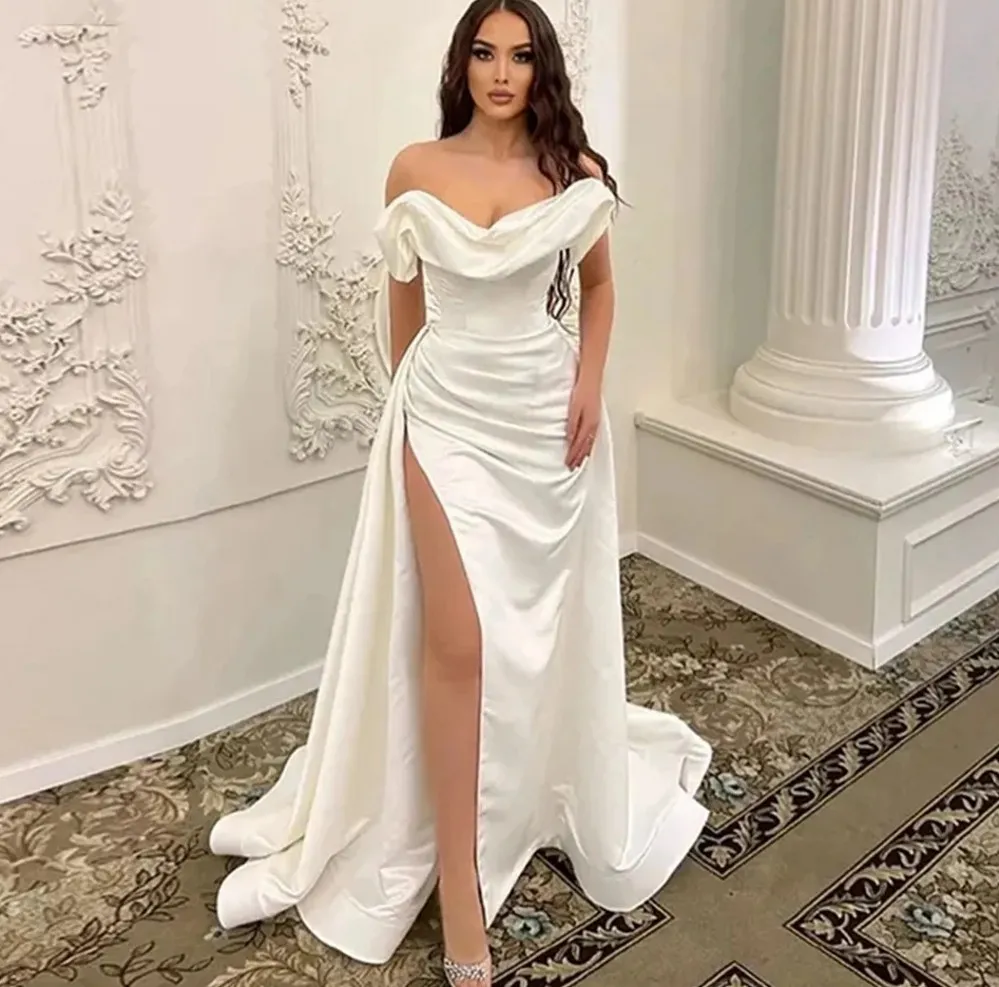 花嫁のエレガントなサテンのウェディングドレス2024 for花嫁のリボンプリンセスバックレスオフショルダーハイスプリットシビルブライダルドレス