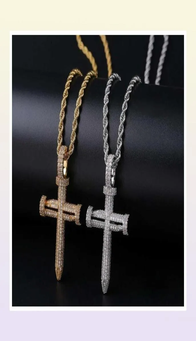 Hip Hop Nagel Kreuz Diamanten Anhänger Halsketten für Männer Luxus Kristall Anhänger Kupfer Zirkone 18 Karat Gold platiniert Liebhaber Kette6963799