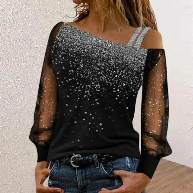 Camicette da donna Top da donna primavera elegante camicetta con una spalla in rete con paillettes T-shirt patchwork a maniche lunghe autunnale morbida casual