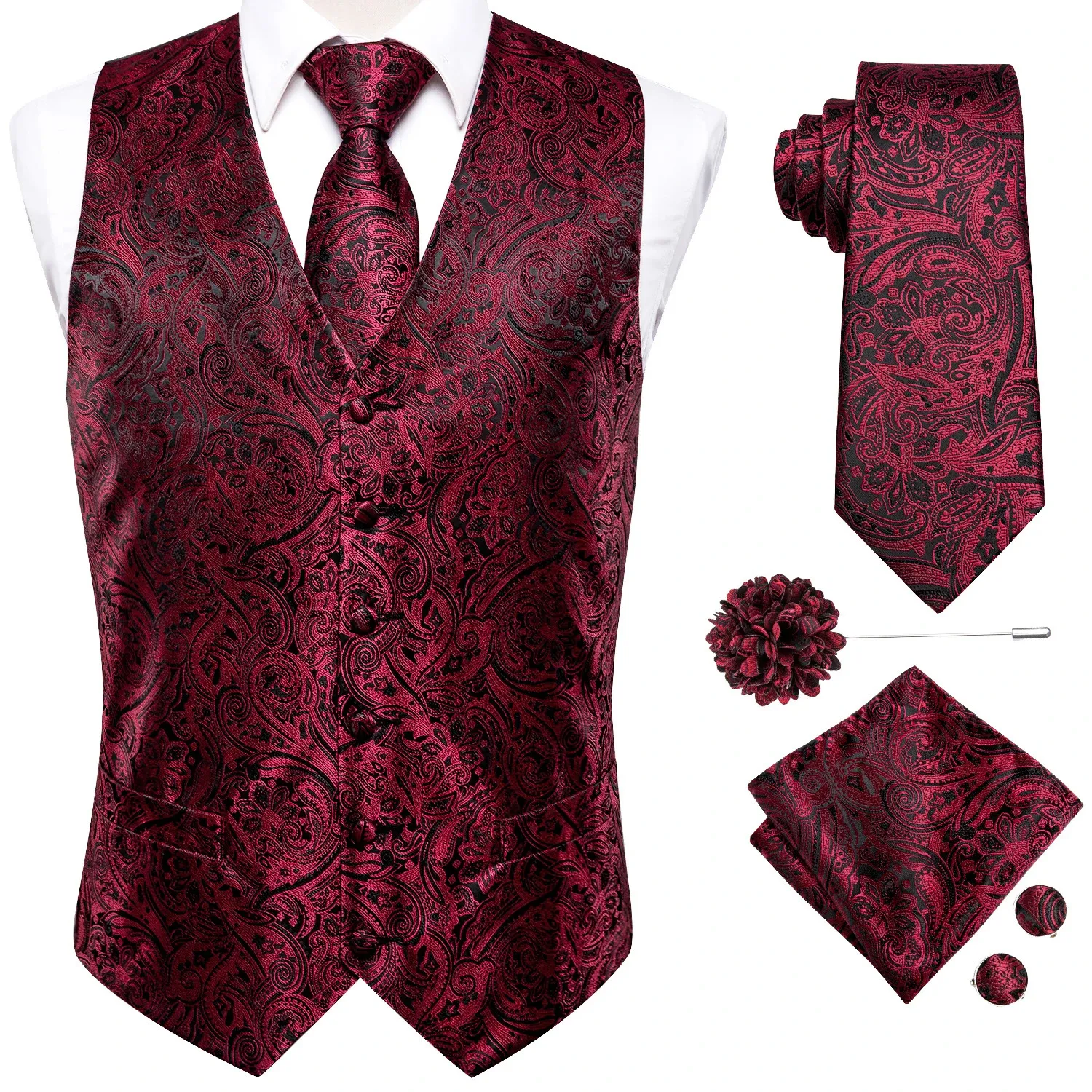 Hi-Tie Zijde Heren Vesten Jacquard Vest Stropdas Hanky Manchetknopen Broche Set voor Mannen Pak Mouwloos Jasje Bruiloft Business 240106