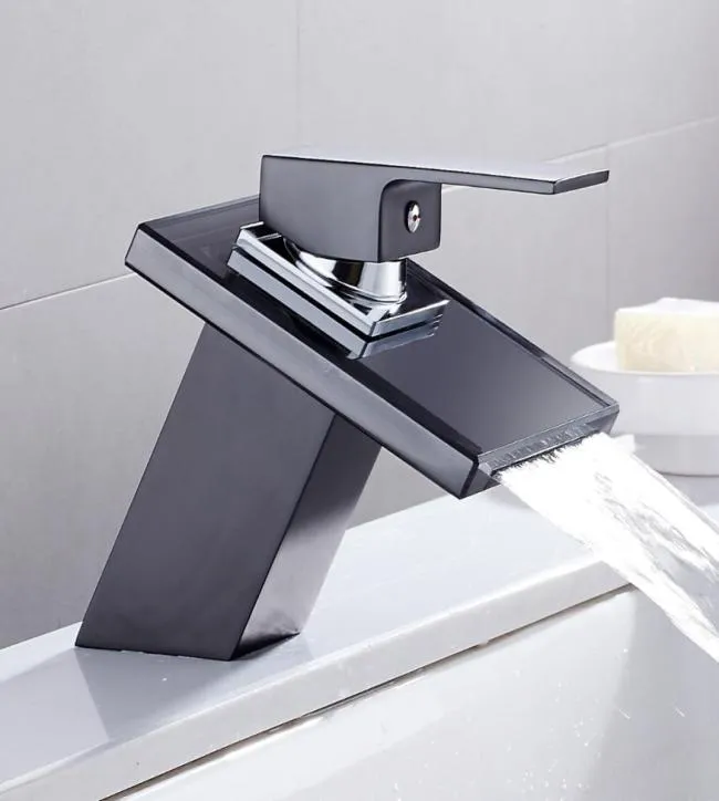 Glasvattenfall bassängen kran för badrum Black Deck Mount Square Vanity Sink Mixer Tap Badrum Faucet9862868