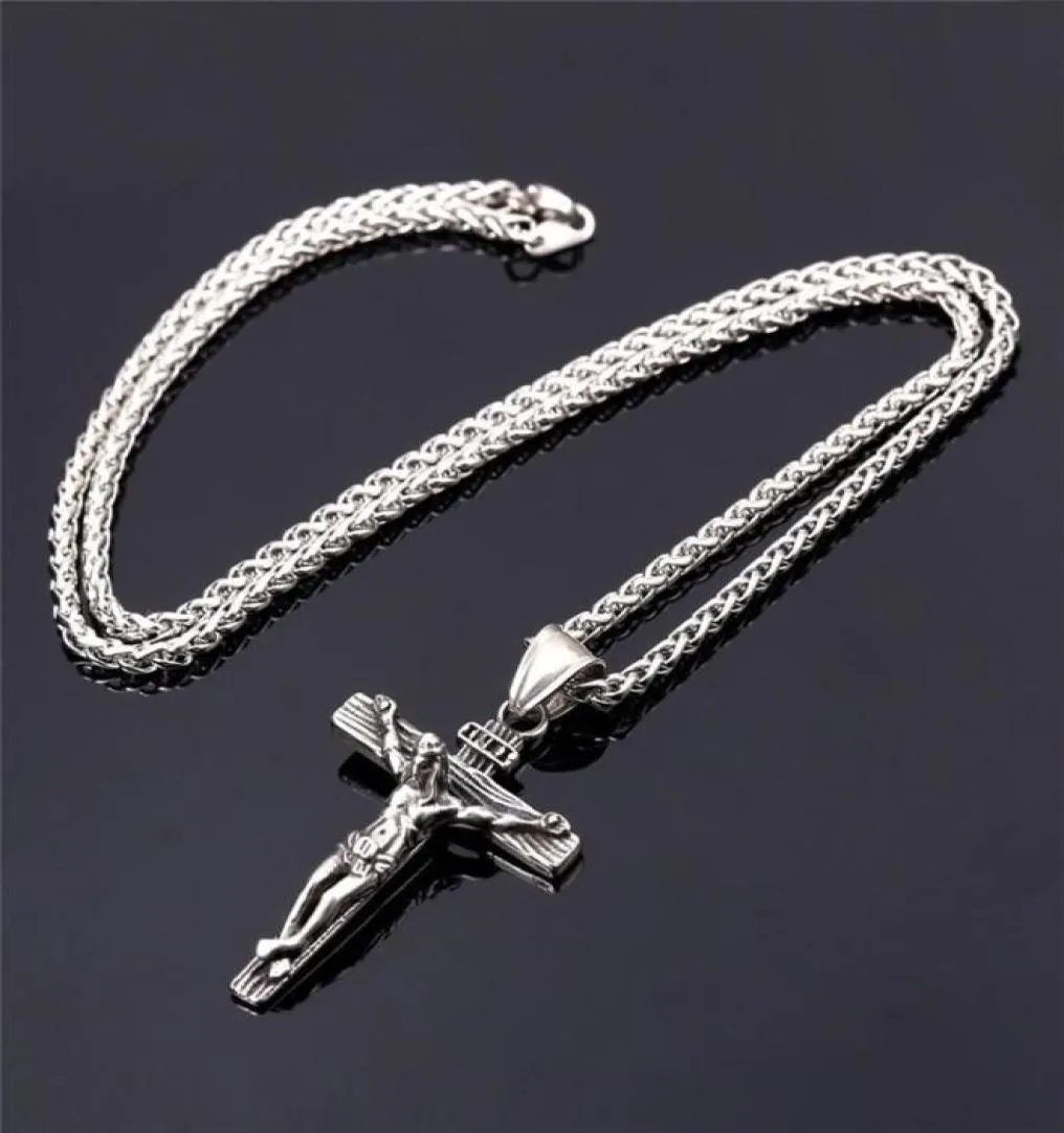 Cadenas Collar de cruz religiosa de Jesús para hombres Colgante de crucifijo de acero inoxidable de oro con collares de cadena Joyería masculina Gift7497671