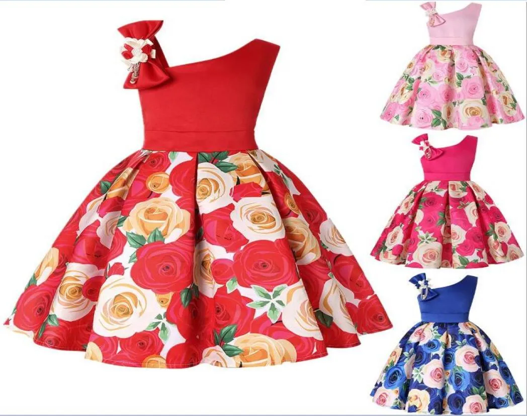 Big Bow Sloping Shoulder Dress for Kids Birthday Party Baby Girls Clothing Blue Red Rose Flower Print Gown Dresses 29 year old ch3053596