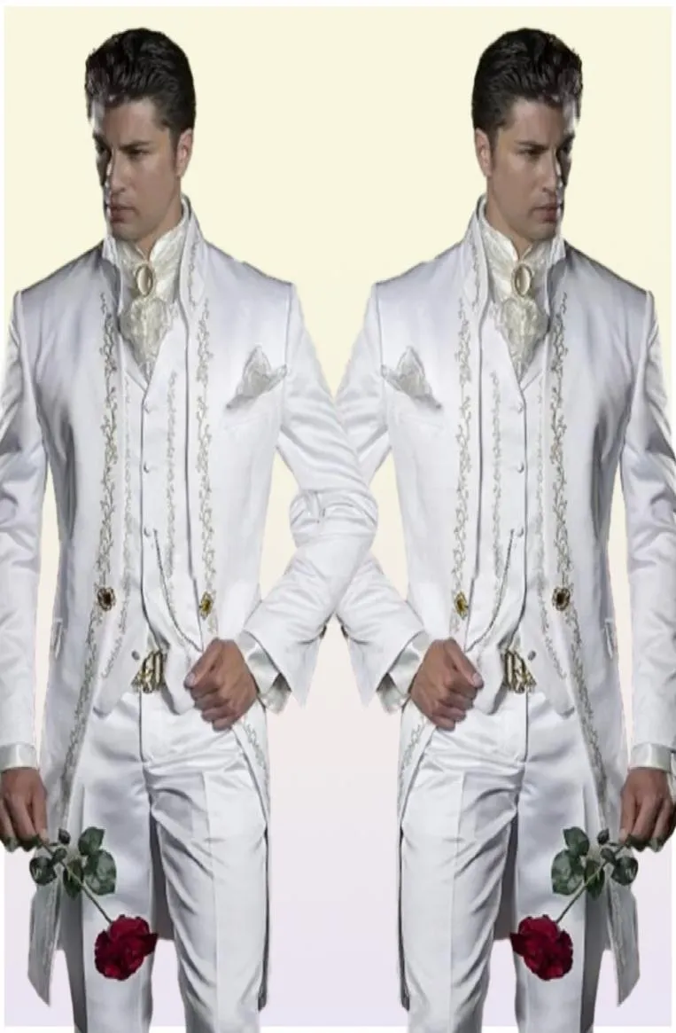 Tuxedos de marié brodé sur mesure, 3 pièces, Long, blanc, costume de mariage, marié, dîner, bal de promo, veste, pantalon, gilet, 1879048