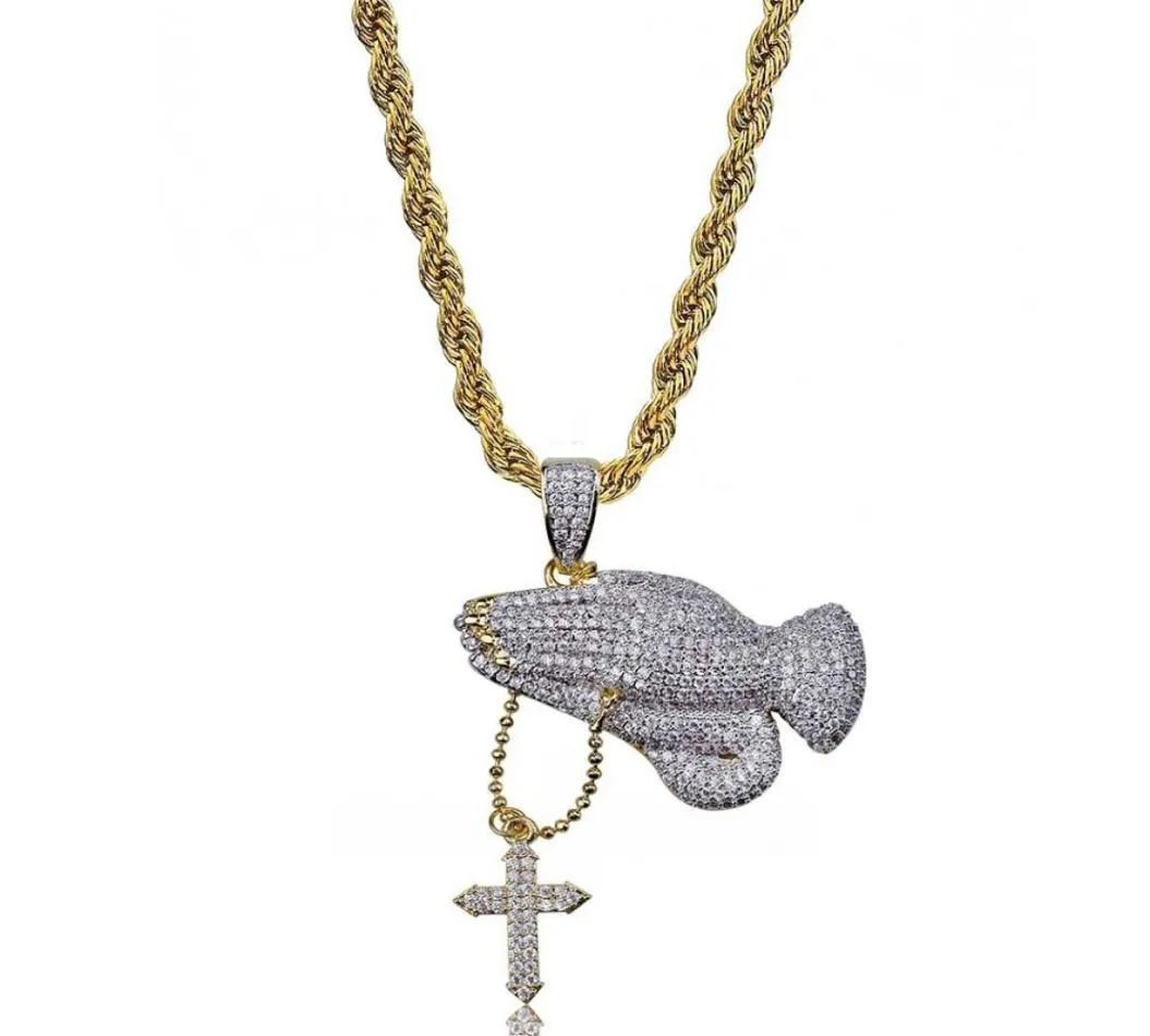 Gebetshand mit Kreuz-Anhänger-Halskette, Iced Out-Vollzirkon-Halskette, Hip-Hop-Goldkette für Herren, Schmuck 4826445