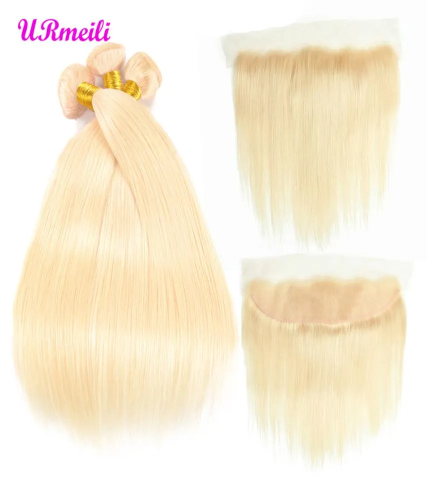 613 blonde Bündel mit frontalem peruanischem reinem Haar, blond, 3 Bündel mit Verschluss, Remy-gerades Echthaar, dhgate-Bündel mit Fr9475786