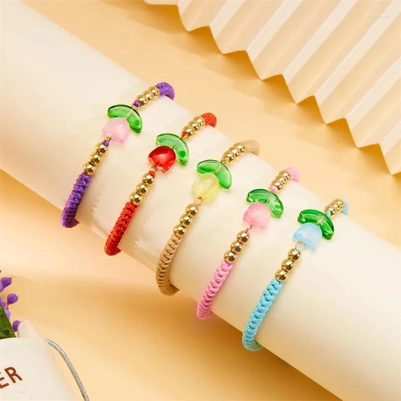 Strand Minimalist Resin Tulip Braided Adjustable Bracelet For Women Sweet Colorful Flower Handmade Bracelets Friendship Couple Jewelry