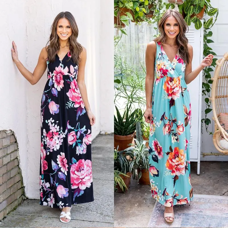 Robes décontractées Boho Beach Femme Vêtements Été Floral Col V Sans manches Longue Sexy A-Line Robe Femme Vacances Sundress