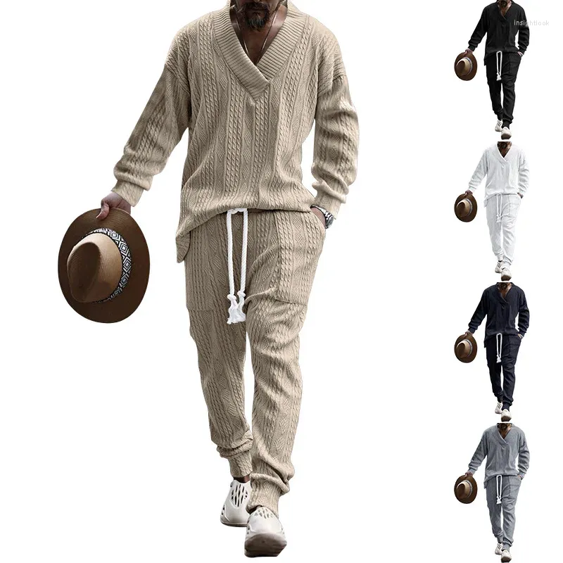 Men's Tracksuits 2024 Casual Pants V-neck Versatile Jacquard Knitwear Autumn Set