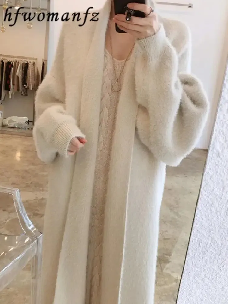 Korean Solid Long Woman Cashmere Cardigan Coat Sweet Fluffy Sleeve Sweater Winter Warm Loose Female Midi Knitted Clothing 240106