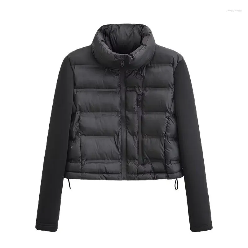 Jaquetas femininas outono inverno mulheres manga longa emenda acolchoado casaco curto casual gola alta zip placket preto jaqueta solta