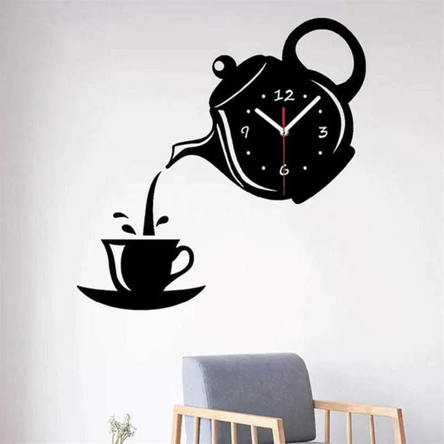 Creative Teapot Kettle Wall Clock 3D Acrylic Coffee Tea Cup Wall Clocks for Office Home Kitchen Dining Living Room Decorations H09298Y