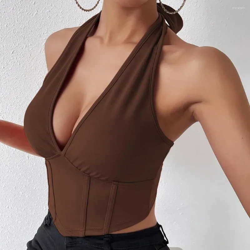 Débardeurs pour femmes Gilets montés sur le cou sexy pour femmes Col en V Sans manches Nu Midriff Lace Up Camisoles sans dos Été Casual Dames Gallus