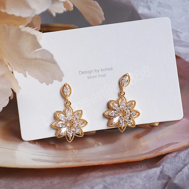 Gold Plated Dainty Korean Daisy Sunflower Earrings For Women Bling AAA Zircon Flower Dangle Earrings Wedding Jewelry Bijoux Gift