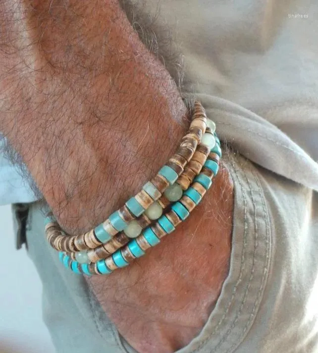Charm-Armbänder, Kokosnussholz-Perlenarmband, Eiastic-Türkis-Steinperle für Männer und Frauen, handgefertigt, stapelbar, aus Holz, dehnbar