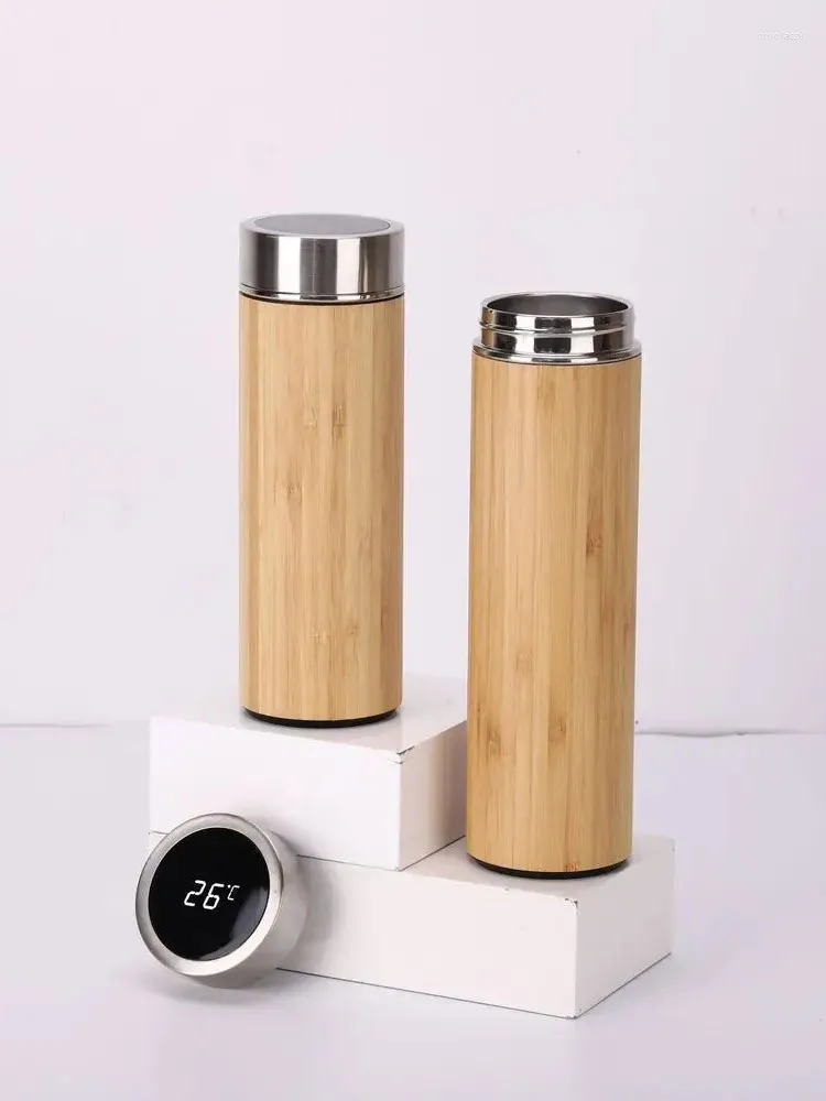 Water Bottles Creative Stainless Steel Cup Insulation Temperature Display Bamboo Intelligent Measurement