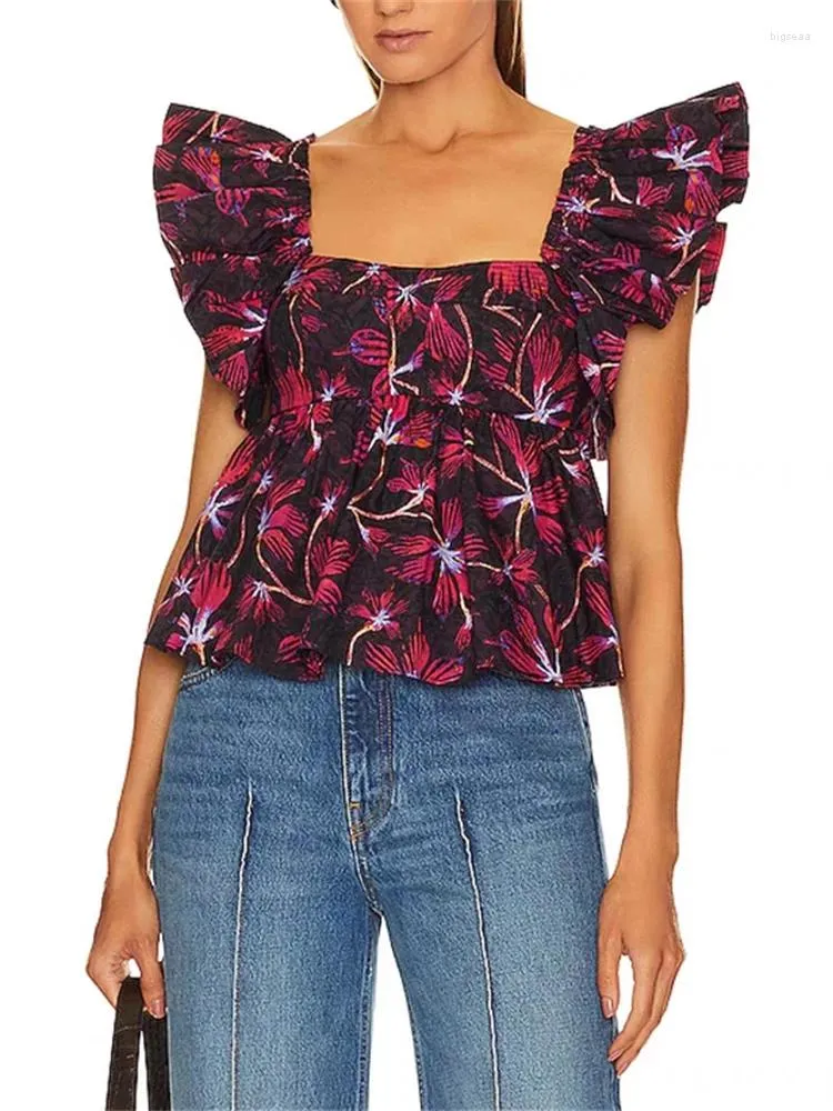 Blouses Femmes Mode Floral Imprimer Femmes Coton Blouse Col Carré Manches Volantes Dames Élégant Volants Chemise Et Tops Pour 2024 Printemps