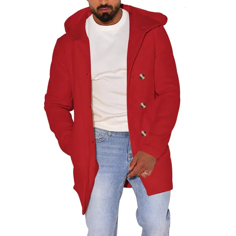 Fashion Men Coats Casual Long Top Cotton Double Breasted Trench Warm Coat Hooded Spring Autumn Overcoat Red Blue Long Coat S-3XL 240106