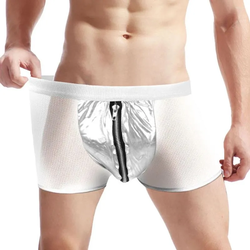 Cuecas homens sexy falso couro sheer malha retalhos boxer calcinha zip-up convexo bolsa perspectiva shorts lingerie erótica