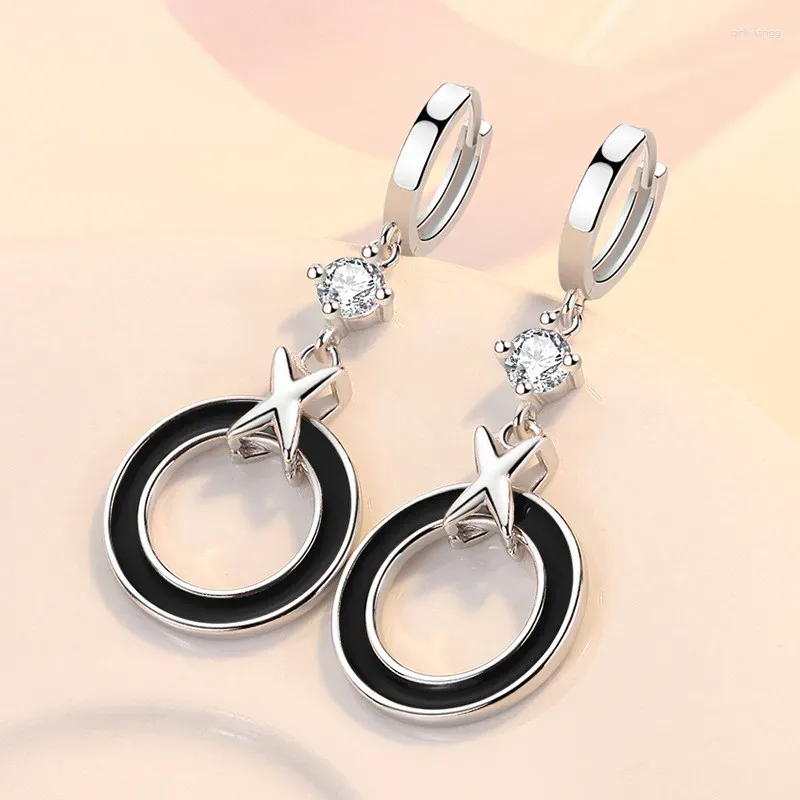 Stud Oorbellen 1 Paar vrouwen Creatieve Zwarte Cirkel Ster Dangle Ingelegd Zirkoon Oor Clip Dames Mode-sieraden E2211