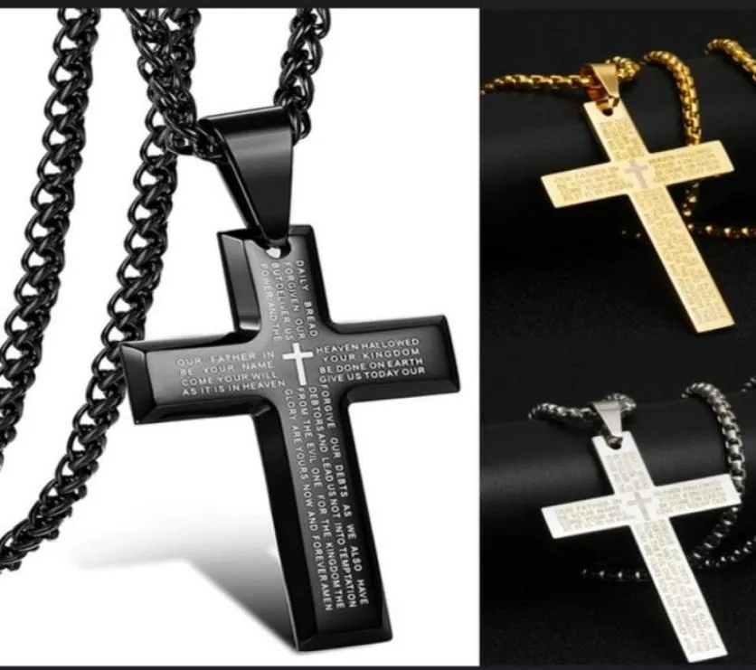 Nytt rostfritt stål vintage Balck Gold Silver Pendant Lord's Prayer Bible Halsband 22 tum för män kvinnor5807804