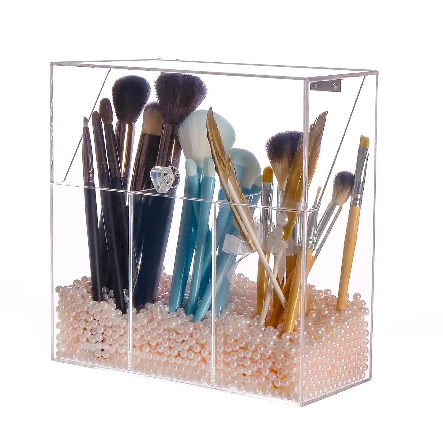 Porte-pinceaux de maquillage en acrylique avec couvercle, boîte de rangement transparente pour pinceaux cosmétiques, grande capacité, conteneur à 3 emplacements pour pinceaux