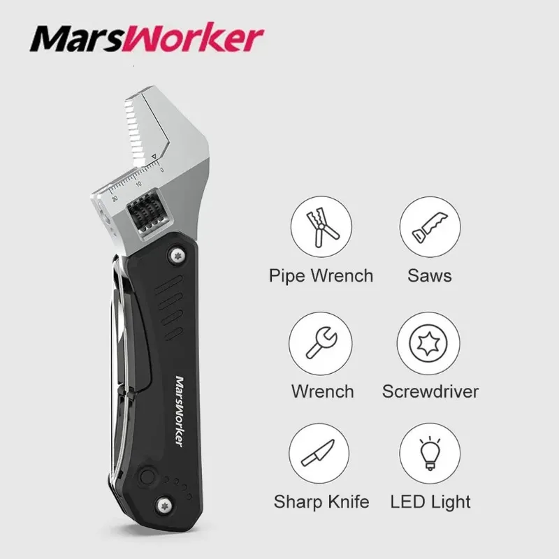 MarsWorker Multifunction Combination Wrench with LED Light Camping Hiking MultiFunction Folding Tool Bicycle Repair Hand Tools 240108