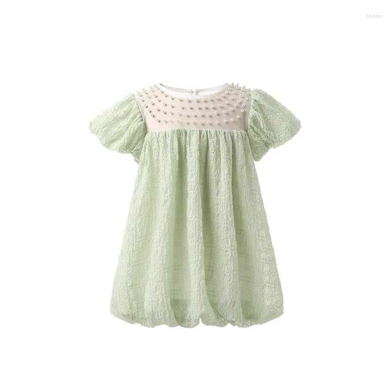 Girl Dresses HoneyCherry Summer Girls Lolita Pearl Inlaid Princess Dress Sweet Green Mesh Bubble Sleeve Clothes