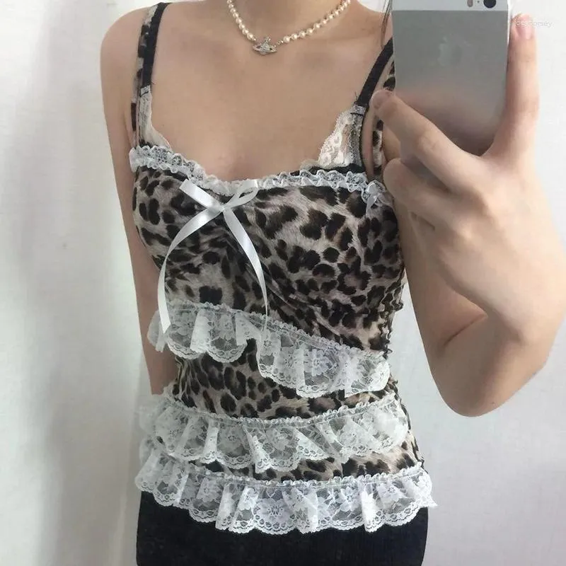 Kvinnors tankar y2k leopard tryck spets ruffle lapptäcke camis brown coquette estetik slim-fit bow tank tops söta sagor väst