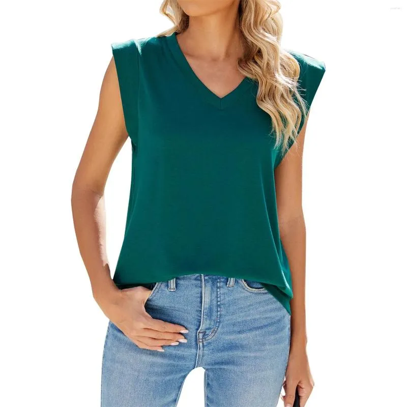 Women's Tanks Summer Sleeveless T-Shirt Fashion Covered Shoulder Cuffs V-Neck Tops Casual Simple Solid Color All-Match Vest