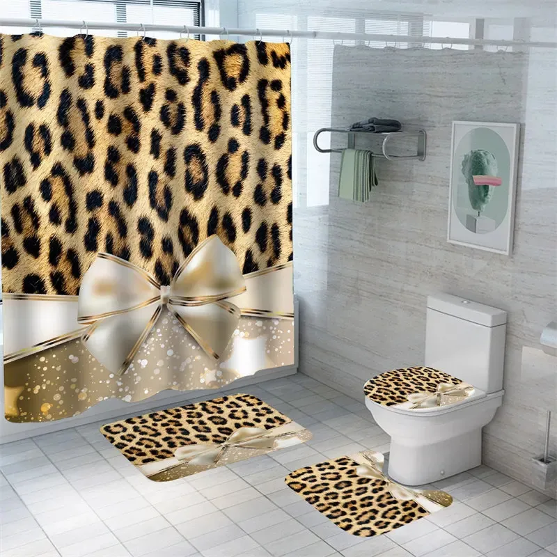 Leopar Baskı Yay Banyo Perdesi Geometrik Mat Seti Sevgililer Günü Banyo Dekoratif Su Geçirmez Ekofli Dostu Halılar 240108