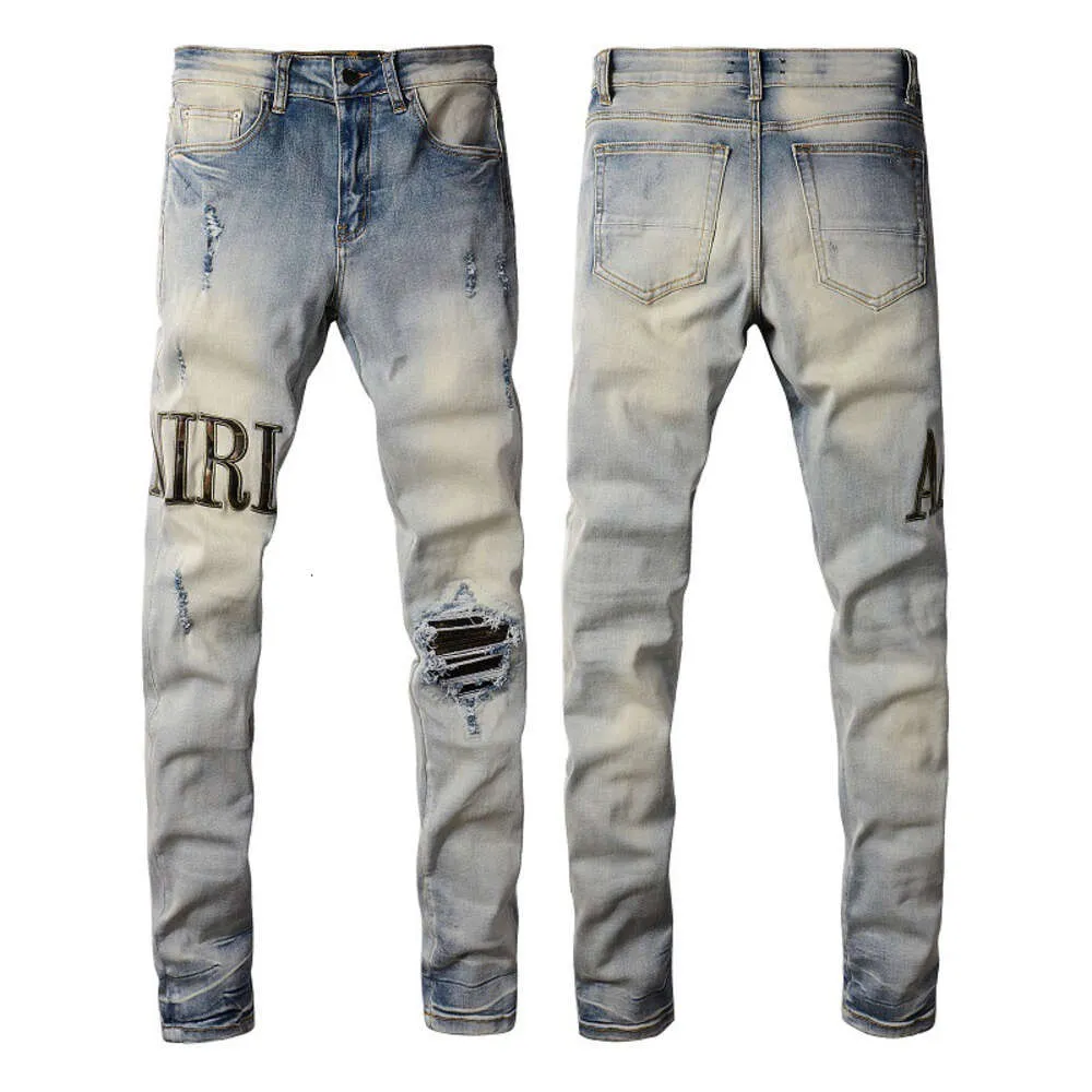 Heren Designer Broek Paarse Jeans Off Amirly Street Trendy Hole Patch Jeans High Street Trendy Heren Slim Fit Voeten Jeans #878
