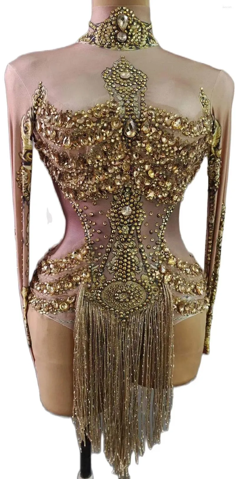 Stage Wear Gold Rhinestone Bodysuits Women Fringe Birthday Party Shinning Long Sleeve Tassel Dancer Gogo DJ Sparkle Showgirl