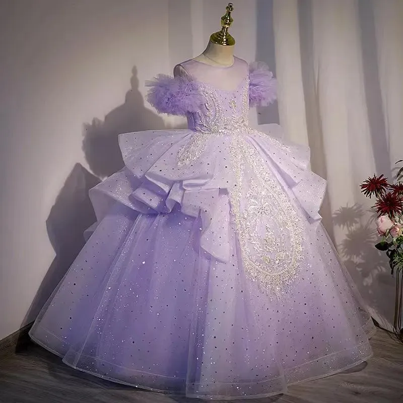 Vestidos roxo flor meninas vestidos 2023 fora do ombro brilhante vestido de baile princesa pageant vestidos renda applique primeira comunhão coquetel