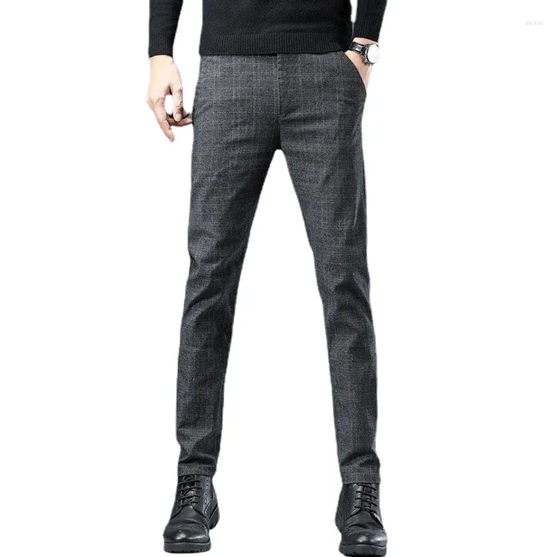 メンズパンツ冬の暖かいフリース格子縞の男性ストレートファッションスリムな厚いベルベットブランドフォーマルブラックブルーグレーの綿毛ヴィラカジュアルズボン